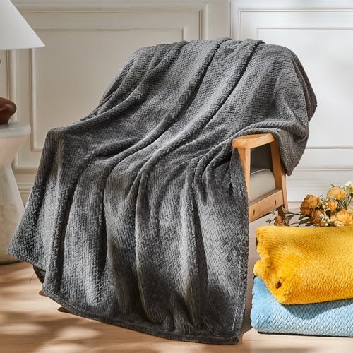 NEWCOSPLAY Super Soft Throw Blanket Dark Grey Premium Silky Flannel Fleece Leaves Pattern Lightweight Bed Blanket All Season Use (Dark Grey, Throw(50"x60"))