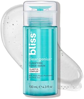 Bliss Clear Genius Clarifying Toner + Serum - 4.3 Fl Oz - Purifies Pores, Tones, Calms &amp; Clears Skin - Salicylic Acid, Niacinamide &amp; Witch Hazel - Clean Paraben Free - Vegan &amp; Cruelty-Free