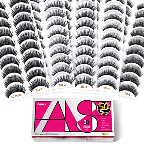 Eliace False Eyelashes Natural look Cat Eye Lashes Wispy Strips 3D Mink Lashes Fulffy,NEW 50 Pairs 5 Styles Fake Eyelashes,Faux Volume Curly Full,Thin Lash Band Soft Comfortable Lightweight Lash Pack