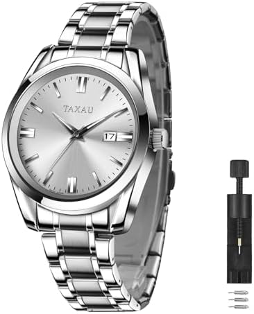 Taxau Mens Silver Watch Luxury Minimalist Dress Watch Waterproof Watches for Men Analog Quartz Stainless Steel Men's Wrist Watches with Date Luminous