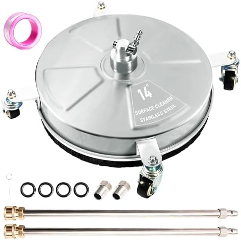 Wexo Palindrog 14" Pressure Washer Surface Cleaner with 4 Wheels, Stainless Steel Power Washer Surface Cleaner for Driveways Sidewalks Patios, 1\/4" Quick Connector, 2 Extension Wand, 4000 PSI
