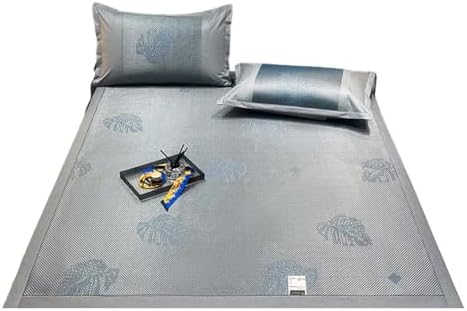 Square Cooling Bedding Mat,Ice Silk Rattan Matting,Foldable Jacquard Mixed Ice Silk \u0026amp;  Rattan Mat with Matching Pillowcases, Ice Vine Mat (Blue, King)