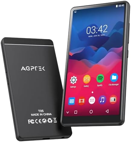 AGPTEK 40GB MP3 Player with Bluetooth and WiFi, 4'' Full Touch Screen MP4 Player with Spotify, Android Online Music Player with Speaker, FM Radio - Model: T05(Black)