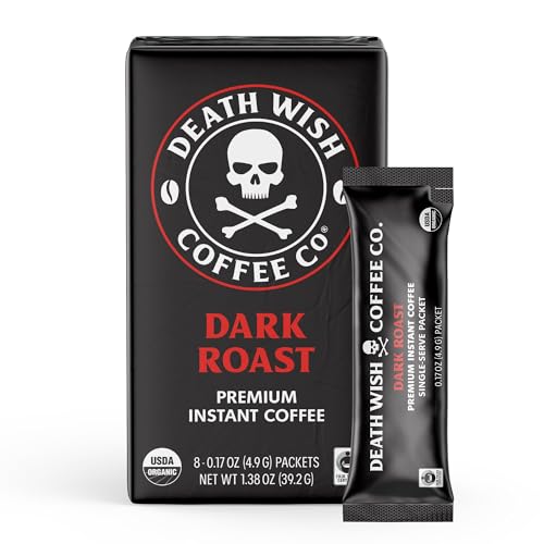 Death Wish Coffee Instant Dark Roast Coffee Packets, Bold &amp; Intense Blend of Arabica &amp; Robusta Beans, USDA Organic, 8 Count