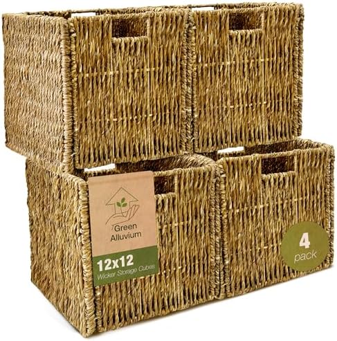 4 Pack Collapsible Storage Bins - 12x12 Wicker Storage Cubes, 12 inch Storage Baskets For Organizing, IKEA Shelves, Kallax Inserts, Closet, Office \u2013 Foldable Storage Basket For Shelves, Toys, Clo