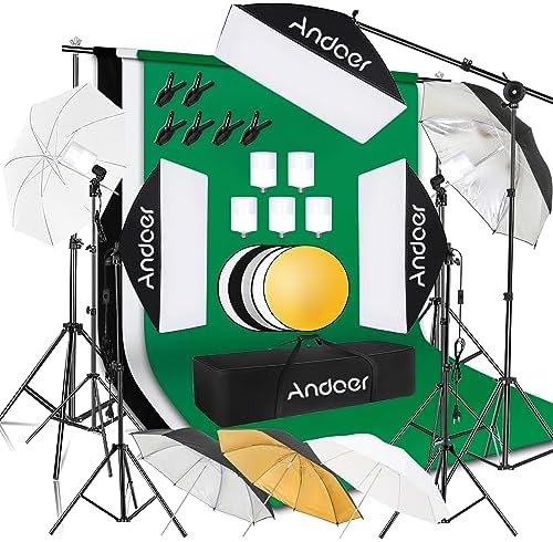 Andoer Professional Softbox Photography Studio Lighting Kit with 3 Color Backdrops, 6.5*10ft Backdrop Stands, Photography Umbrellas for Product Photography Portrait Video Shooting and Live Streaming