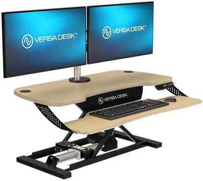 VERSADESK® PowerPro™ Elite 36\u201D x 24" \u2013 App Controlled Electric Standing Desk Converter w\/USB Charging Port. Raises up to 20\u201D. Fully Assembled \u2013 Includes LED Lights. Supports 8