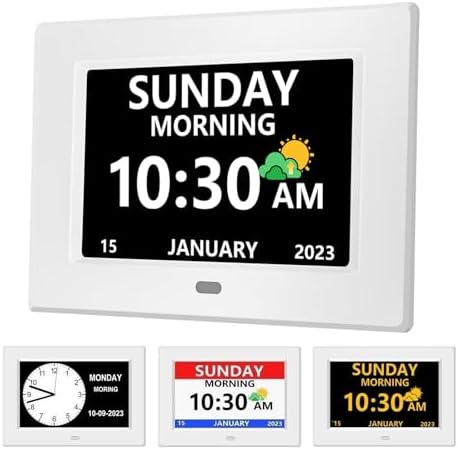 MRCHYDZ 7 Inch Clock with Day and Date for Elderly Large Display Digital Clocks 12 Alarm 3 Display Modes Large Font Alzheimer's Clock Alarm Clocks for Seniors Auto DST White