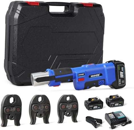MMNZE Pro Press Tool Kit, Electric Rechargeable Copper Stainless Steel Tube Pipe Fitting Crimping Tool with 1\/2" 3\/4" 1" Pro Press Jaws and 2 Batteries, 3T 1" Stroke, LS-1525