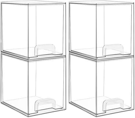 Vtopmart 7.6" H Clear Stackable Storage Drawers, 4 Pack Plastic Organizers Bins for Skincare, Cosmetics,Beauty Supplies,Ideal for Vanity, Bathroom,Kitchen Countertop,Cabinet Organization