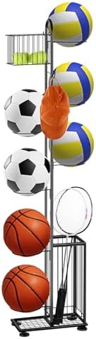 melos 7 Tier Basketball Ball Storage Rack, Freestanding Basketball Holder Garage Ball Storage Sport Organizer Rack with Basket for Volleyball Football Basketball, Indoor\/Outdoor
