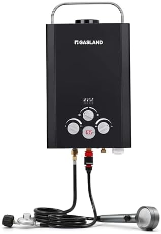 GASLAND outdoor BE158B 1.58GPM 6L portable gas water heater, instant propane heater, overheat protection, easy to install, suitable for RVs, cabins, barns, camping, boats, black