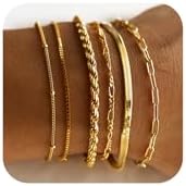 DEARMAY Gold Bracelets for Women Waterproof, 14K Real Gold Jewelry Sets Trendy Thin Dainty Stackable Cuban Link Paperclip Chain Bracelet Pack Fashion Accessories Gifts for Womens
