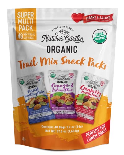 Nature's Garden Organic Trail Mix Snack Packs - Trail Mix Variety, Energy Boosting, Heart Healthy, Omega-3 Rich, Cranberries, Pumpkin Seeds, Individual Packs, Family - 1.2 Oz Bags (48 Individual S