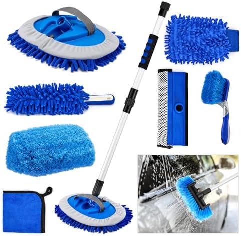 Farafox Car Cleaning Kit,62'' Car Wash Brush with Long Handle,Complete Car Cleaning Brush Kit Microfiber Cleaning Head &amp; Extra-Thick Aluminum Extension Pole for Car, Truck, SUV, RV