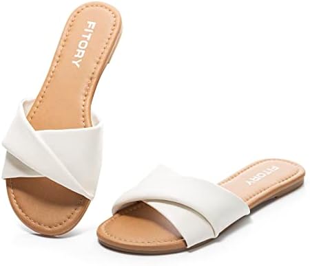 FITORY Women's Flat Sandals Fashion Slides With Soft Leather Slippers for Summer Size 6-11