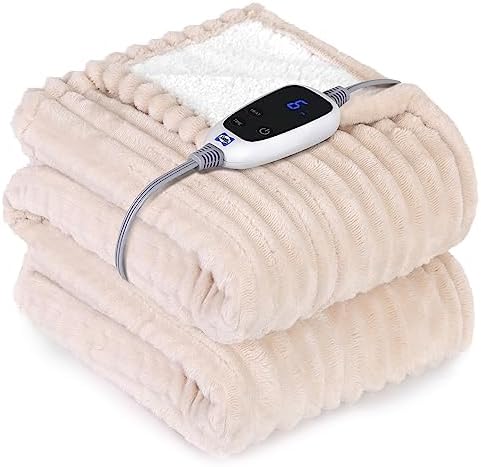 Sealy Electric Blanket Heated Throw, Soft Cozy Ribbed Flannel to Sherpa Reversible Safe Heating with 6 Heat Settings &amp; 2-10 Hours Auto-Off Over-Heat Protection, Machine Washable, 50"x60" B