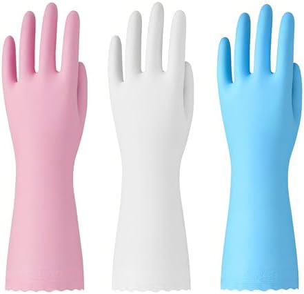 Bamllum rubber cleaning gloves -3 pairs of latex free kitchen cleaning gloves with cotton lining - household dishwashing gloves, non slip and waterproof (medium, blue+pink+white)