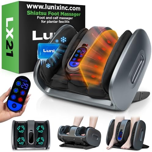 Lunix LX21 Feet Massager with Remote for Pain Relief, Circulation and Heat Therapy, Foot and Calf Shiatsu Massager for Plantar Fasciitis and Neuropathy, Ankle Device, Gray