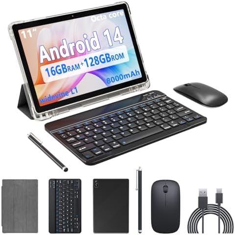 11 inch 2 in 1 Tablet, 16GB + 128GB, Android 14 Tablet, 1TB Expandable, 13MP Camera, Octa-Core Processor 5G WiFi 8000MAH Battery 11'' IPS HD Touchscreen Google Tableta.