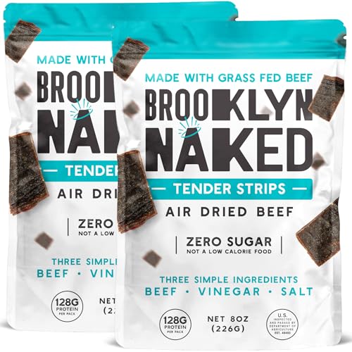 Brooklyn Naked Tender Strips - (8 oz, Pack of 2) \u2013 Chewy Air Dried Grass Fed Protein Snacks \u2013 Sugar Free Beef Jerky Alternative \u2013 Organic Beef Snacks \u2013 Whole 30 Approved Foods, AIP
