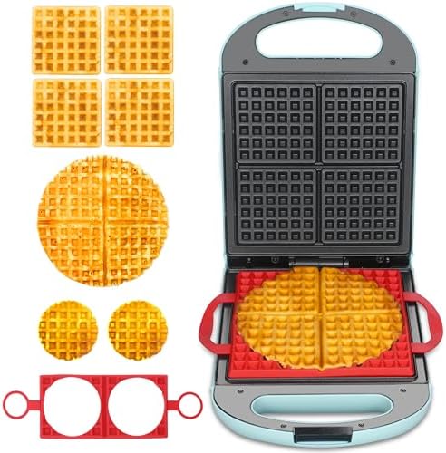 Baker's Friend Multi Shapes Waffle Iron, Combo of Mini &amp; Classic Waffle Makers, Belgian &amp; Chaffle Maker, 2 Silicone Molds, Aqua