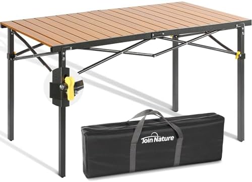 Portable Outdoor Camping Table Large for 2-6 Person - Foldable Camp Table with Aluminum Roll-Up Top &amp; Carry Bag for BBQ, Tailgating, Backyard, 220 Lbs Capacity, Stable &amp; Sturdy (Natural)