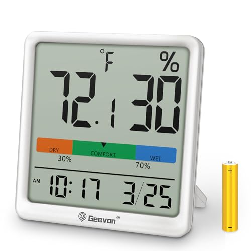 Geevon Digital Indoor Thermometer Hygrometer, Wireless Temperature Humidity Meter with Comfort Index, 1*AAA Battery, Calendar, Small Room Temperature Monitor for Home, Greenhouse, Bedroom, White
