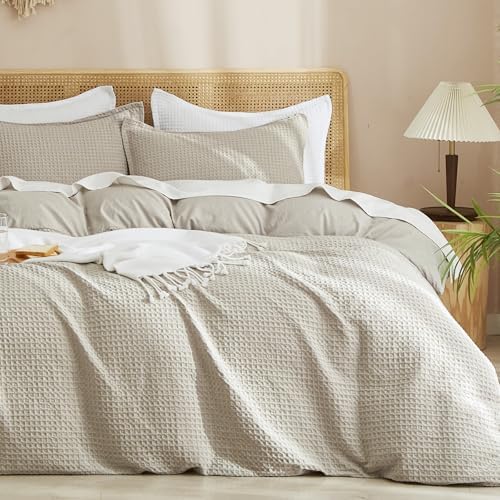 PHF Waffle Weave Duvet Cover Set Queen Size, No Snagging Ultra Soft Luxury Textured Breathable Comforter Cover for All Season 3pcs, Durable Bedding Duvet Set with 2 Pillow Shams, 90"x90", Line