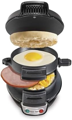 Hamilton Beach Breakfast Sandwich Maker with Egg Cooker Ring, Customize Ingredients, Perfect for English Muffins, Croissants, Mini Waffles, Perfect White Elephant Gifts, Black (25477)