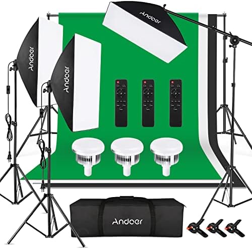 Andoer Softbox Lighting Kit Photography with 3 85W 2800K-5700K Bi-Color Temperature Light 3 Softbox 3 Light Stand 1 Boom Arm 1 Remote Control 3 Backdrops 3 Backdrop Clamp 3 Backdrop Stand Carry Bag