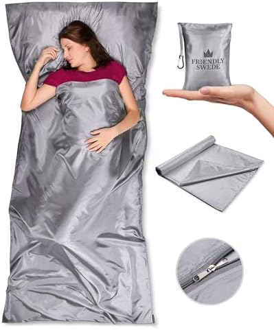 The Friendly Swede Sleeping Bag Liner \u2014 Ultralight Polyester or Cold Weather Microfiber Adult Sleep Sack; Thin Travel Sheets for Hotel; Camping Sheets; Travel Sleeping Bag with Pocket-Size Stuff 
