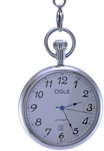 OGLE 3ATM Waterproof Vintage Stainless Steel Case Gold White Large Face Big Dial Calendar Date Day Fob Self Winding Automatic Skeleton Mechanical Pocket Watch Chain Box