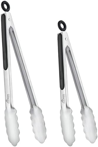Hotec Stainless Steel Kitchen Tongs Set of 2 - 9" and 12", Locking Metal Food Tongs Non-Slip Grip