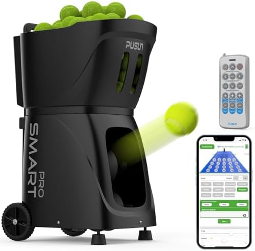 PUSUN PT-SMARTPro Tennis Ball Machine - Professional Auto Ball Server with APP Control, 20 Landing Points &amp; Variable Speed, Smart Tennis Trainer with Multi-Angle System (4-6H Runtime)