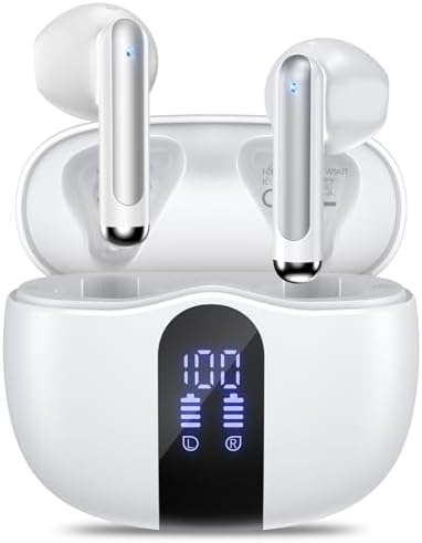 JYUESJKJ Wireless Earbuds, Bluetooth 5.4 Ear Buds with Power Display Charging Case, Stereo Deep Bass Headphones with 50H Playtime, IPX7 Waterproof, for Laptop, Android\/iOS, Pad, White