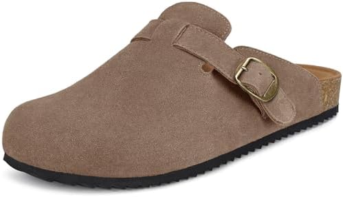 Intini Womens Suede Clogs Mens Leather Mules Cork Footbed Sandals with Arch Support