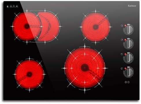 Karinear Electric Cooktop 30 Inch, 4 Burners Electric Stove Top, Drop-in Knob Control 30" Radiant Ceramic Cooktop, Expandable Burner, 9 Power Level, Residual Heat Indicator, 6700W 220V, No Plug