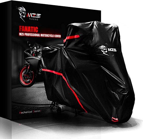 MZS Motorcycle Cover - All Season Weather Outdoor Waterproof Protection fits up to 86 inch L Compatible Sport Bikes Cruiser - Vents Night Reflective Tear Scratch Proof Sunblock Adjuster Buckle