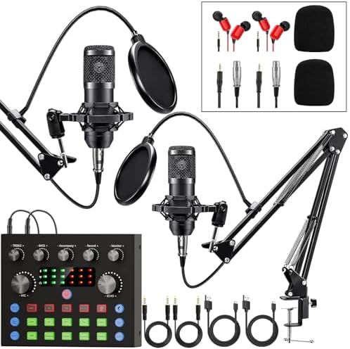 Brvomussy Podcast Equipment Bundle for 2, Audio Interface with Voice Changer Condenser Microphones for Gamer, All-in-One Audio Mixer Perfect for Live Streaming, Singing, YouTube, Gaming