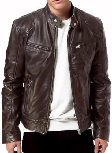DECIMAL Men's Black Genuine Lambskin Leather Biker Jacket VINTAGE REAL BROWN MOTORCYCLE JACKETS FOR MEN