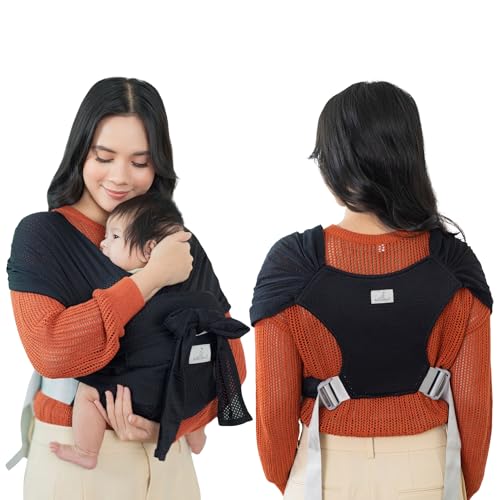 BabbleRoo Baby Wraps Carrier - Baby Essentials Baby Sling Carrier, Secure &amp; Comfortable, Breathable, Easy-to-use, Adjustable M to XXL, Promoting Parent-Child Bonding, Black