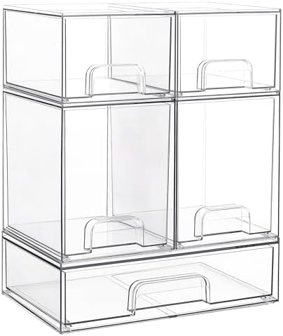 Vtopmart Stackable Storage Drawers Set of 5, Clear Plastic Organizer Bins for Beauty Supplies,Ideal for Vanity, Bathroom,Cabinet,Pantry Organization