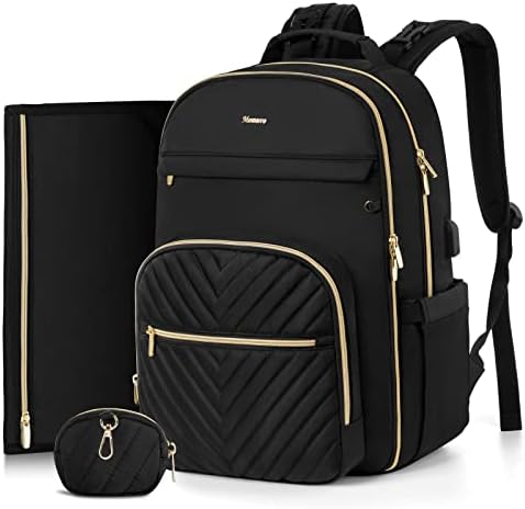 MOMUVO Diaper Bag Backpack, Quilted Baby Bag with Changing Pad &amp; Stroller Straps &amp; Pacifier Case, Large Travel Diaper Bags for Mom Dad, Black