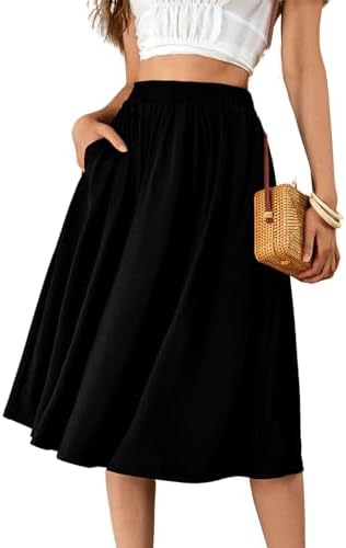 Verdusa Women's Elastic Waist Pocket Side A Line Midi Swing Flared Skirt