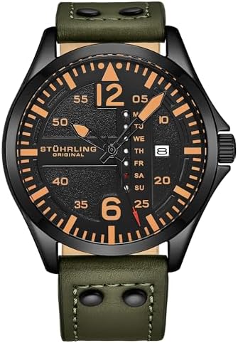 Stuhrling Original Mens Leather Watch -Aviation Watch, Quick-Set Day-Date Leather Band with Steel Rivets,
