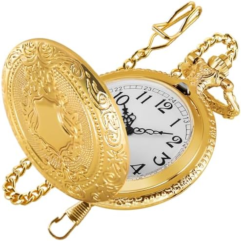Realpoo Gold Shield Men's Pocket Watch, Arabic Numeral Digital Scale Men's Quartz Pocket Watch, Quartz Pocket Watches with Chain-Gold