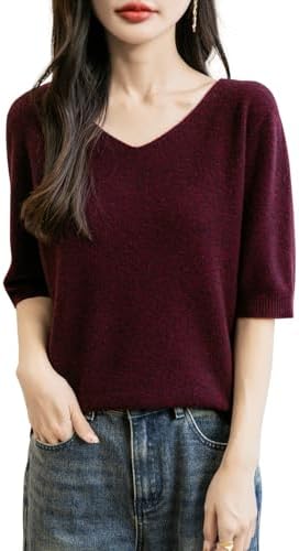 Chanyarn Women's V-Neck 100% Merino Wool Spring Fall Winter First-Line Ready to Wear Seamless Knit Shirt Short Sleeve Sweater