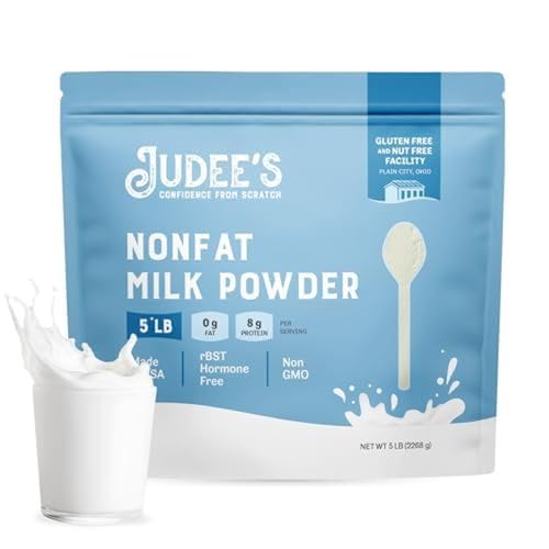 Judee's Gluten Free Non-Fat Milk Powder 5 lb - Non-GMO, Keto-Friendly BST Hormone, Gluten &amp; Nut-Free - High Protein &amp; Calcium - Made in the USA - Powdered &amp; Dried Milk for Baking