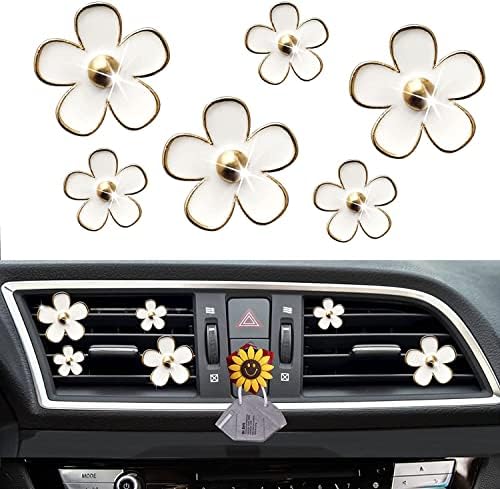 Daisy Air Vent Clips: 6 Pcs Cute Flower Air Conditioning Outlet Clip Car Air Fresheners Vent Clips Interior Decor Charm Car Decoration Cute Accessories for Women Girls + Mask Hook(White)